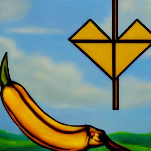 Prompt: oil painting impressionist stopwatch and banana in the shape of an arrow flying through the air, ( bugs buzzing around ), whimsical, detailed,