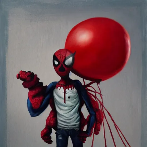 Prompt: grunge painting of spiderman with a wide smile and a red balloon by chris leib, loony toons style, pennywise style, corpse bride style, horror theme, detailed, elegant, intricate, conceptual, volumetric light