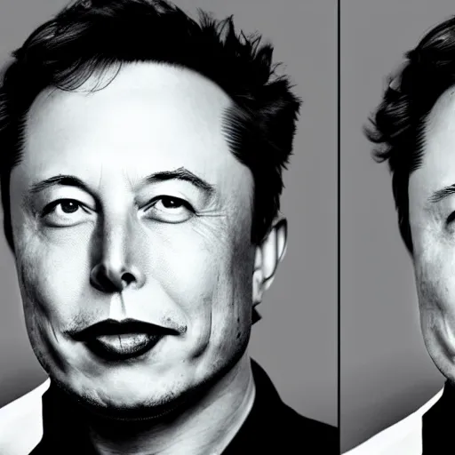 Image similar to A portrait of Elon musk merged with Vladimir Putin. Photograph, high contrast, black and white