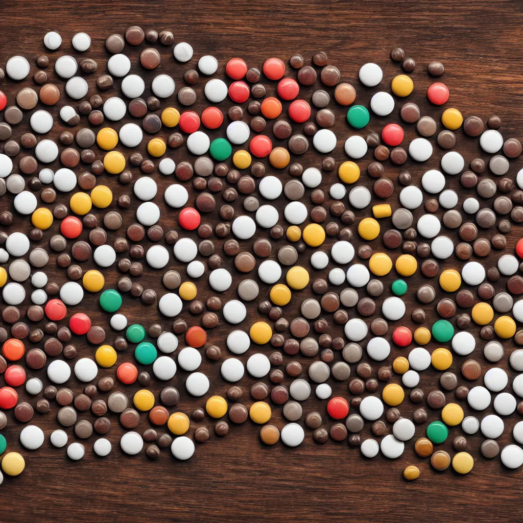 Prompt: top-down view of pills on top of a wooden table, 4k, photorealistic