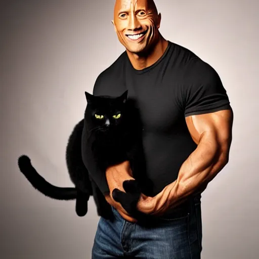 Image similar to dwayne johnson holding a black cat, studio lighting, promotional photograph