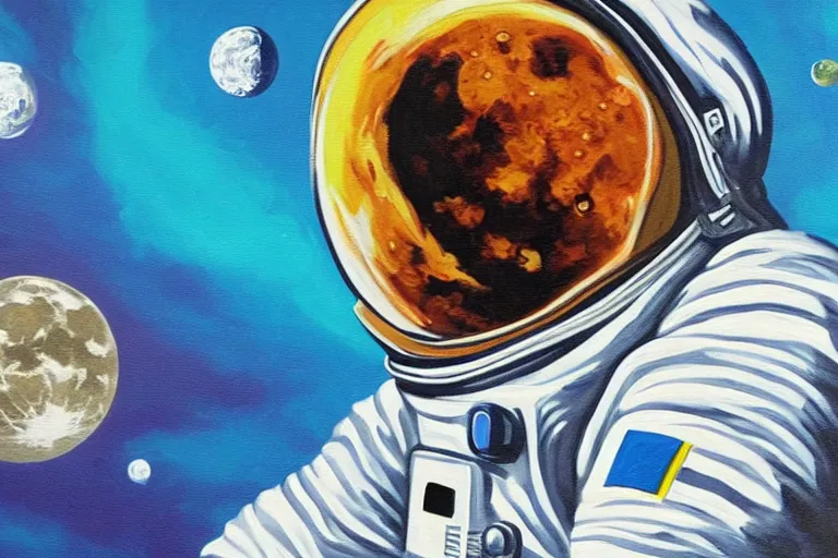 Image similar to A painting of an astronaut laying on the moon looking at earth in the style of Flooko, acrylic art, detailed,