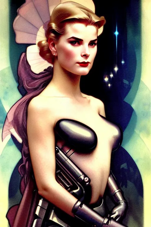 Image similar to young and beautiful evil cyborg grace kelly by steichen from the future in the style of tom bagshaw, alphonse mucha, gaston bussiere, cyberpunk. anatomically correct surreal body mods. extremely lush detail. masterpiece. melancholic scene infected by night. perfect composition and lighting. sharp focus. high contrast lush surrealistic photorealism. sultry expression on her face.