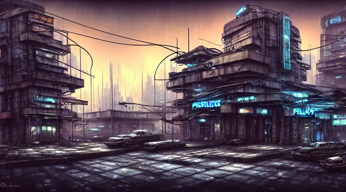 Prompt: post apocalyptic cyberpunk police station, building, avenue, urban architecture, americana architecture, concrete architecture, cloudy sky, paved roads, by guido borelli, by boris vallejo trending on artstation, photorealistic, wild vegetation, utopian, futuristic, blade runner, vivid colors scheme, neon signs, sharp, clear, focus