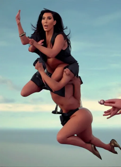 Prompt: film still of kim kardashian being held up in the air by an alien, 8 k