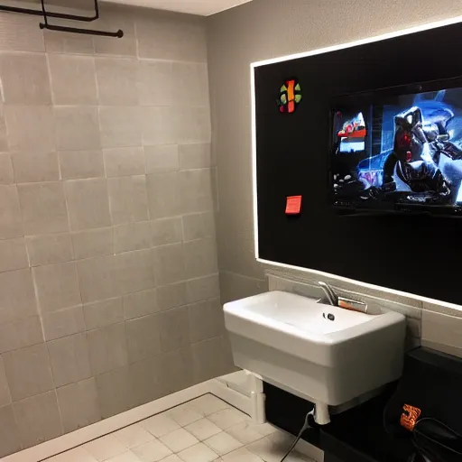 Image similar to a gamer setup in a bathroom