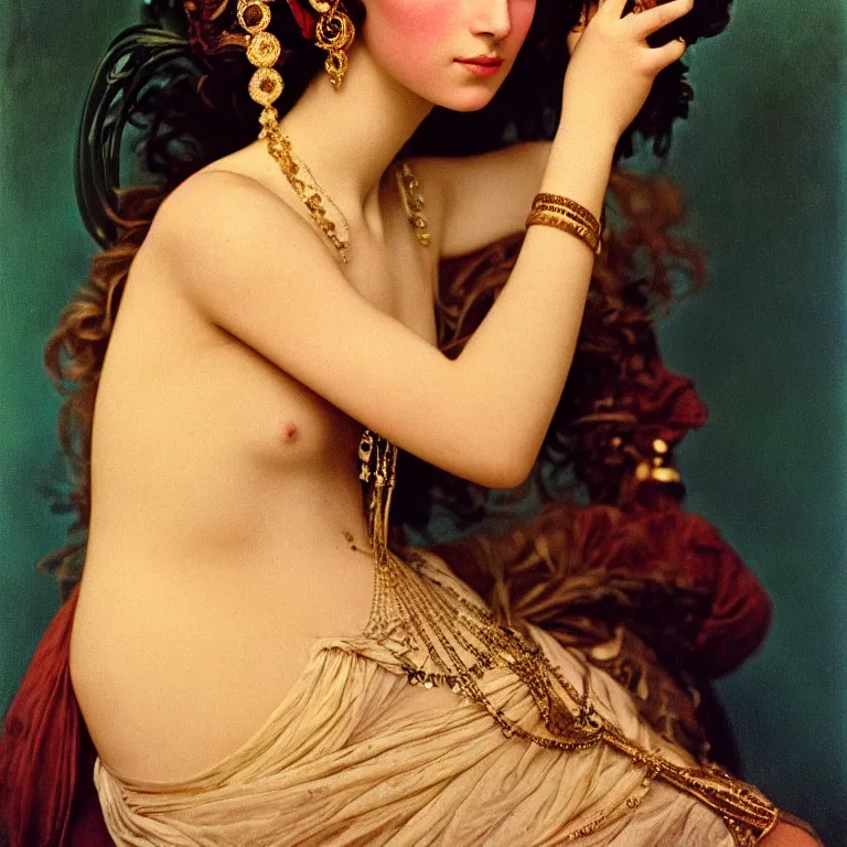 Image similar to a portrait photograph of a beautiful ancient glamorous young lebanese princess by richard avedon styled by alphonse mucha, award winning, cooke 8 5 mm f / 1. 2, lomography color 4 0 0 film stock, low - key studio lighting,