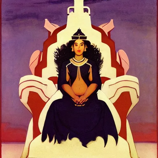 Image similar to an illustration of an ivory skin with dark curly hair queen on a throne, by nicholas roerich, by frank frazetta by georgia o keeffe by frederick william elwell, by hans emmenegger, by eyvind earle highly detailed, realistic, outline, line work, fantasy, oriental, stylised flat colors, animation