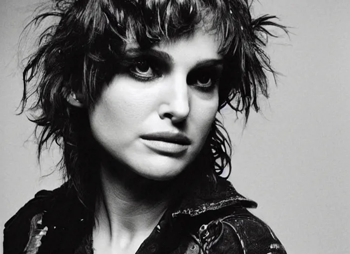 Image similar to promotional image of natalie portman as a british punk rocker in the 80s, rugged black clothes, dyed short hair, tatoos, detailed face, movie still frame, promotional image, imax 70 mm footage