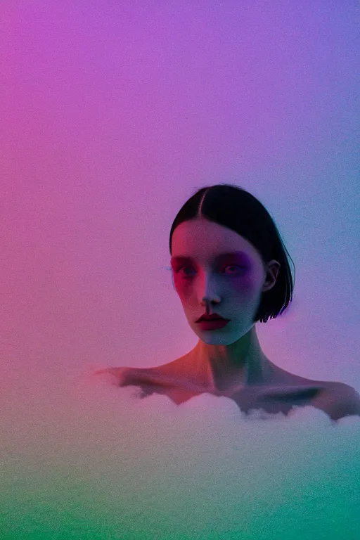 Image similar to high quality pastel coloured film close up wide angle photograph of a model wearing clothing swimming on cloud furniture in a icelandic black rock!! environment in a partially haze filled dreamstate world. three point light, rainbow. photographic production. art directed. pastel colours. volumetric clouds. pastel gradient overlay. waves glitch artefacts. extreme facial clarity. 8 k. filmic.