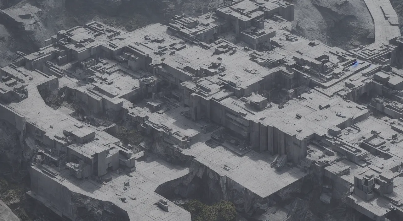 Prompt: big brutalist imperial military base on cliffs, drawing architecture, very long shot, top angle, imperial architecture in rogue one, pritzker architecture prize, brutalism architecture, jan urschel