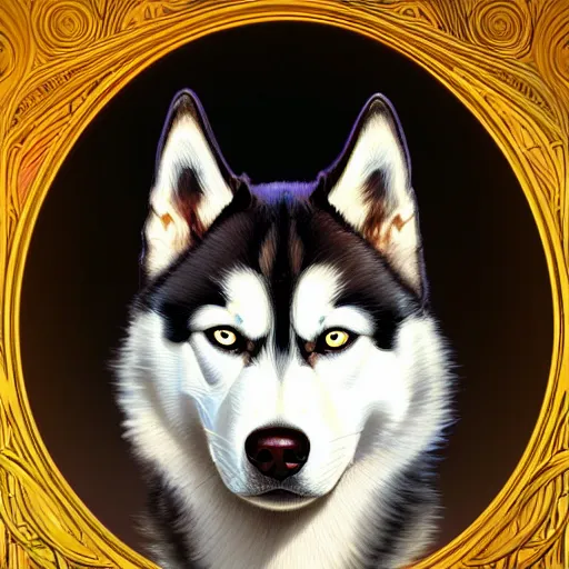 Image similar to beautiful detailed picture of a husky, radiant light, art nouveau, intricate, elegant, highly detailed, my rendition, digital painting, artstation, concept art, smooth, sharp focus, illustration, art by artgerm and greg rutkowski and alphonse mucha