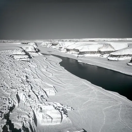 Image similar to photo of green river, wyoming cliffs covered in ice and snow, during a snowstorm. a old man in a trench coat and a cane appears as a hazy silhouette in the distance, looking back over his shoulder. cold color temperature. blue hour morning light, snow storm. hazy atmosphere. humidity haze. kodak ektachrome, greenish expired film, award winning, low contrast.