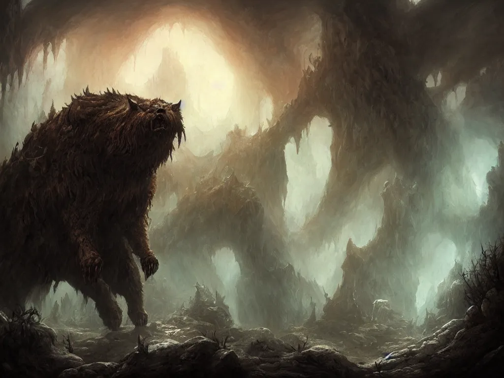 Prompt: prehistoric demonic cave bear in a dream landscape, monster concept art, artstation, ominous night atmosphere, nightmare environment, inspired by witcher monsters, painted by justin gerard and daniel zrom and even amundsen