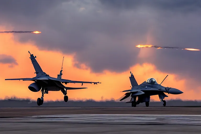 Prompt: photo of an f16 fighter jet in fligh, launching missles, sunset lighting, photography