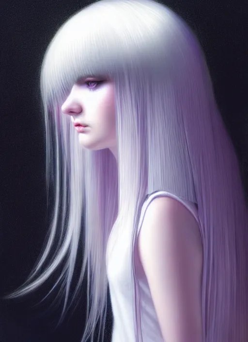 Image similar to hair whitebangs hair, black hair, whitebangs, portrait of teenage girl with white bangs, red irises, purple clothes, white bangs, bangs are different color from hair, intricate, elegant, glowing lights, highly detailed, digital painting, artstation, concept art, smooth, sharp focus, illustration, art by wlop, mars ravelo and greg rutkowski