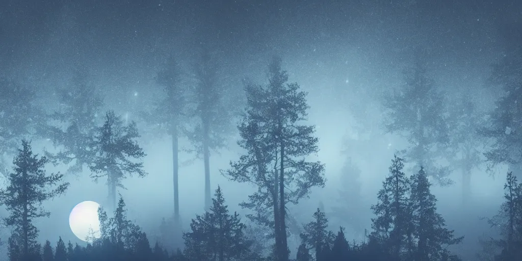 Image similar to moonlit night, forested mountains, cold light, dense forest, overhead view, fog, 2 d disney cartoon style