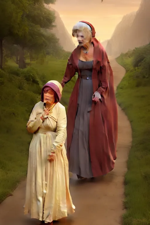 Prompt: Pete Davidson Midget Being Walked By Kim Kardashian As An Old Lady illustration, soft lighting, soft details, painting oil on canvas by Edmund Blair Leighton and Charlie Bowater octane render, HDR, trending on artstation, 4k, 8k, HD