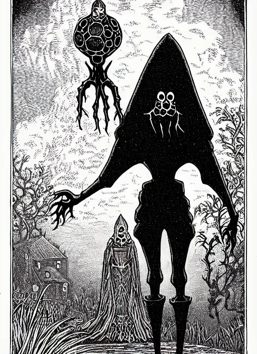 Image similar to the flatwoods monster as a d & d monster, full body, pen - and - ink illustration, etching, by russ nicholson, david a trampier, larry elmore, 1 9 8 1, hq scan, intricate details, inside stylized border