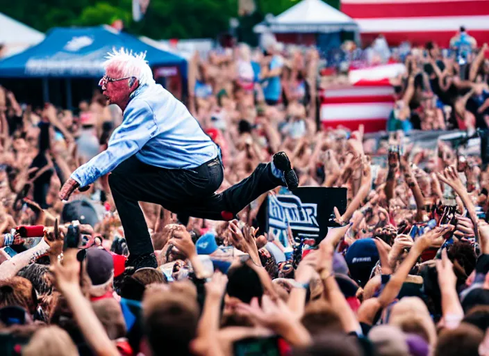 Image similar to photo still of bernie sanders at vans warped tour!!!!!!!! at age 8 0 years old 8 0 years of age!!!!!!! stage diving into a crowd, 8 k, 8 5 mm f 1. 8, studio lighting, rim light, right side key light