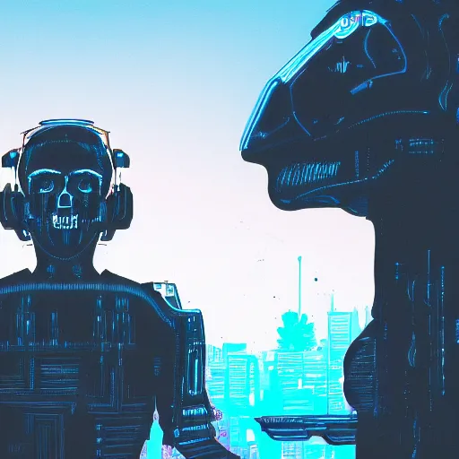 Image similar to in the style of max prentis and deathburger and laurie greasley a young mixed race male explorer wearing a cyberpunk headpiece who is standing on a giant robot head, highly detailed, 8k wallpaper, adventure time colour palette