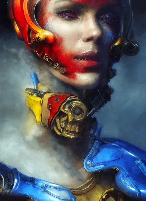 Image similar to ( ( symmetry ) ) closeup portrait of a stunning armored cyborg female pirate captain, strong cinematic light, backlight, red yellow blue, viscous smoke, fluid simulation, mist, by gerald brom, by mikhail vrubel, by peter elson, muted colors, extreme detail, trending on artstation, 8 k