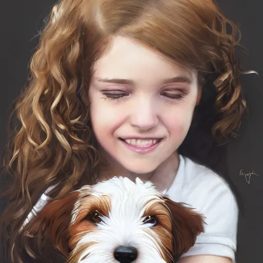 Prompt: a seven year old girl with short wavy curly light brown hair and blue eyes petting the head of a very cute wire haired jack russell terrier puppy, white with brown patches over both eyes. detailed, high quality painting by artgerm and greg rutkowski and raymond swanland