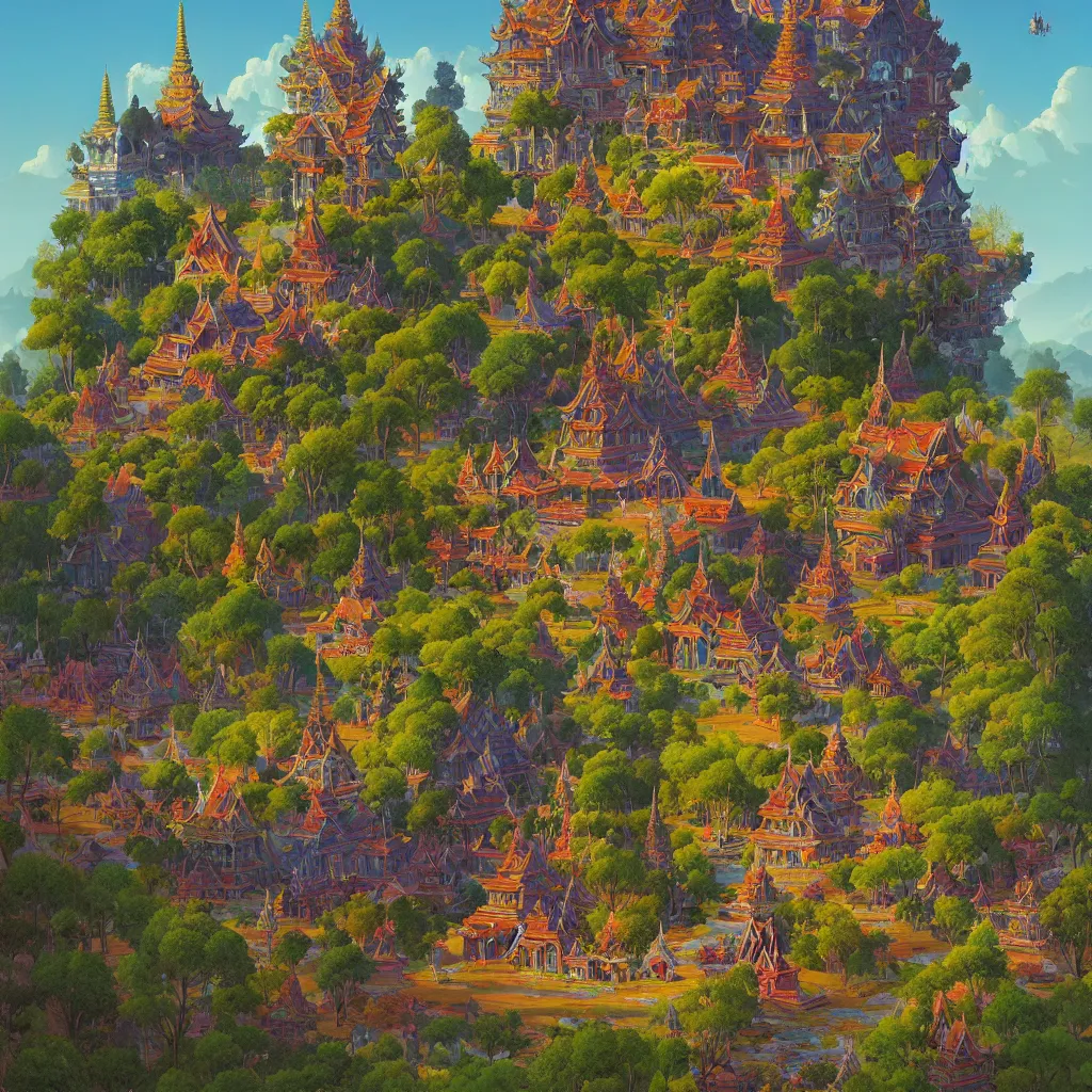 Image similar to summer morning, thai temple, rolling mountain, very coherent and colorful high contrast, art by gediminas pranckevicius, geof darrow, franz sedlacek, dark shadows, hard lighting