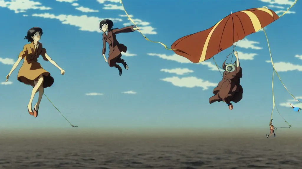 Prompt: a woman wearing a brown dress suit and a pigeon mask surfing on a kite the air in Tokyo, anime film still from the an anime directed by Katsuhiro Otomo with art direction by Salvador Dalí, wide lens