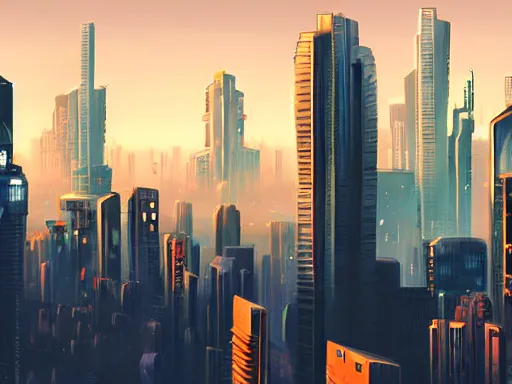 Image similar to a cinematic busy cyberpunk street in a mega city packed with flying vehicles, large mega corp buildings dominate the skyline at dusk by nick hiatt, cinematic, film still