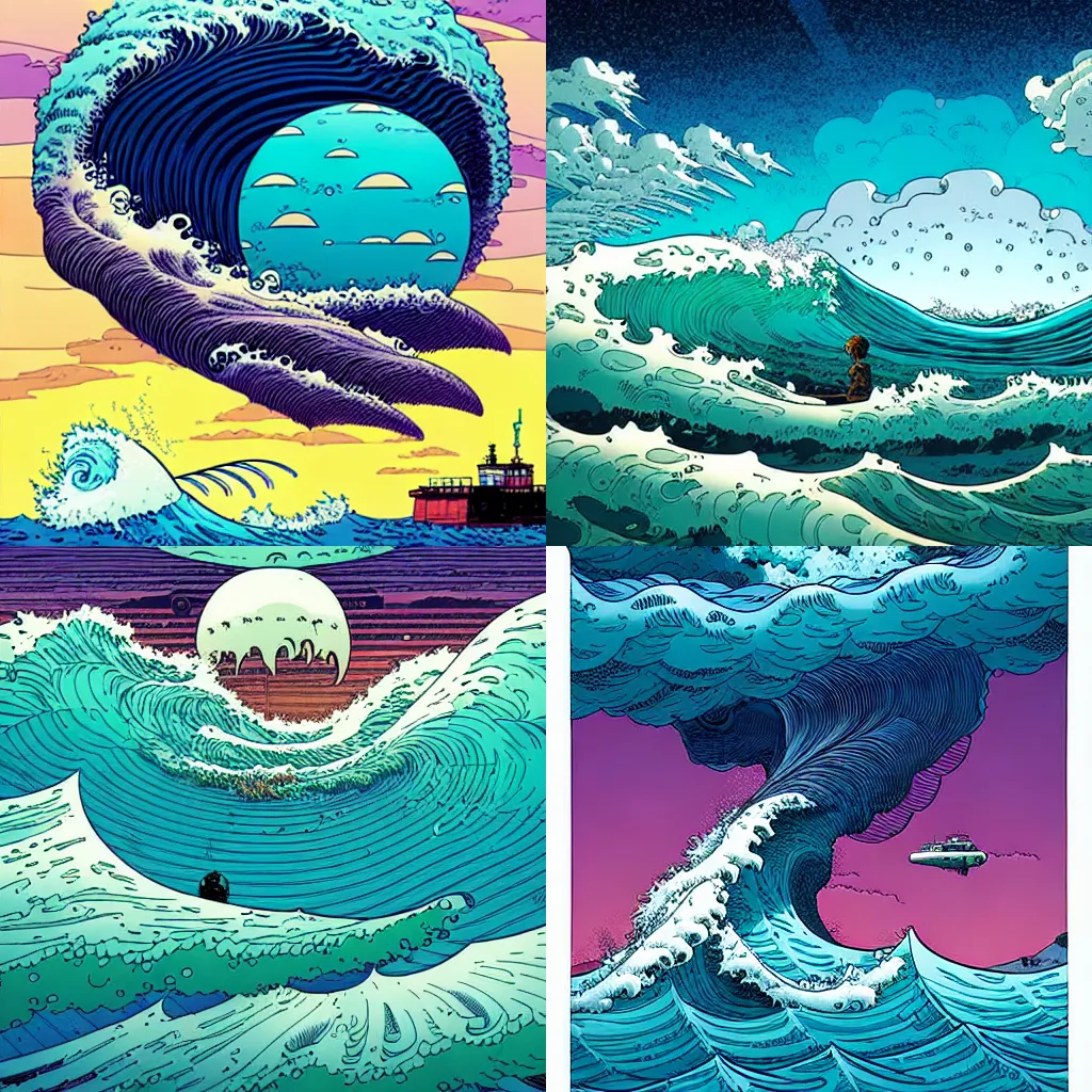 Prompt: an ocean wave swirling in the sky by simon stalenhag and geoff darrow and dan mumford