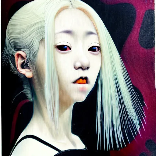 Image similar to yoshitaka amano blurred and dreamy realistic three quarter angle portrait of a young woman with white hair and black eyes wearing dress suit with tie, junji ito abstract patterns in the background, satoshi kon anime, chungking express color palette, noisy film grain effect, highly detailed, renaissance oil painting, weird portrait angle, blurred lost edges