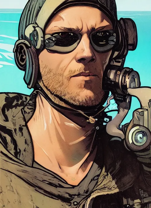 Prompt: cyberpunk beach bum. portrait by ashley wood and alphonse mucha and laurie greasley and josan gonzalez and james gurney. splinter cell, apex legends, rb 6 s, hl 2, d & d, cyberpunk 2 0 7 7. realistic face. character clothing. vivid color. dystopian setting.