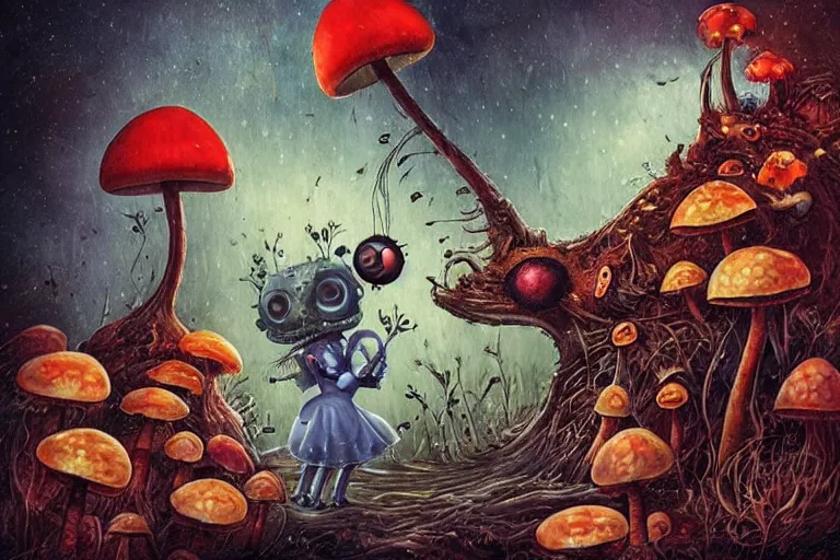 Prompt: Alice meets a Caterpillar that teaches her to eat mushroom to control her size, biomechanoid, sci-fi, dramatic, art style Megan Duncanson and Benjamin Lacombe, super details, dark dull colors, ornate background, mysterious, eerie, sinister