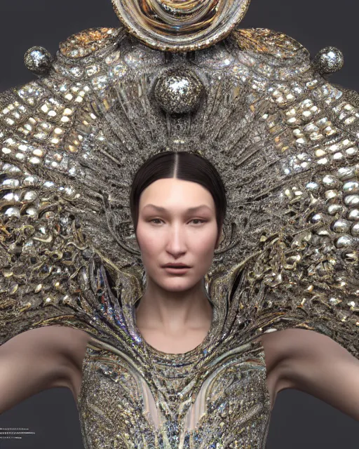 Image similar to a highly detailed metahuman 4 k close up render of a bella hadid as religious monument renaissance in iris van herpen dress schiaparelli in diamonds crystals swarovski and jewelry iridescent in style of alphonse mucha gustav klimt trending on artstation made in unreal engine 4