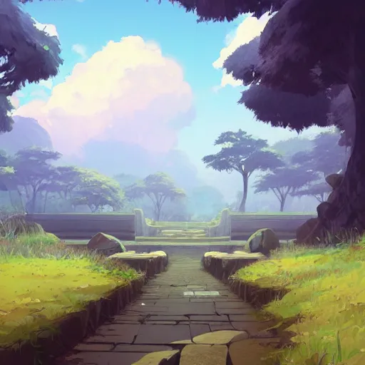 Image similar to concept art by sylvain sarrailh of an stone path leading to an abandonned asian temple, asiatic forest, studio ghibli