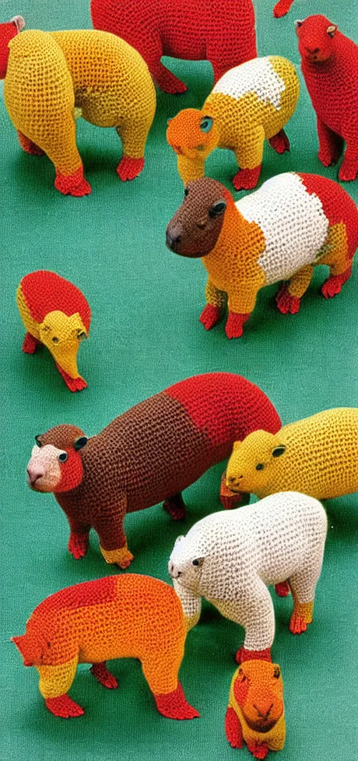 Prompt: multicolored crocheted capybaras, 1 9 8 0 s catalogue photo