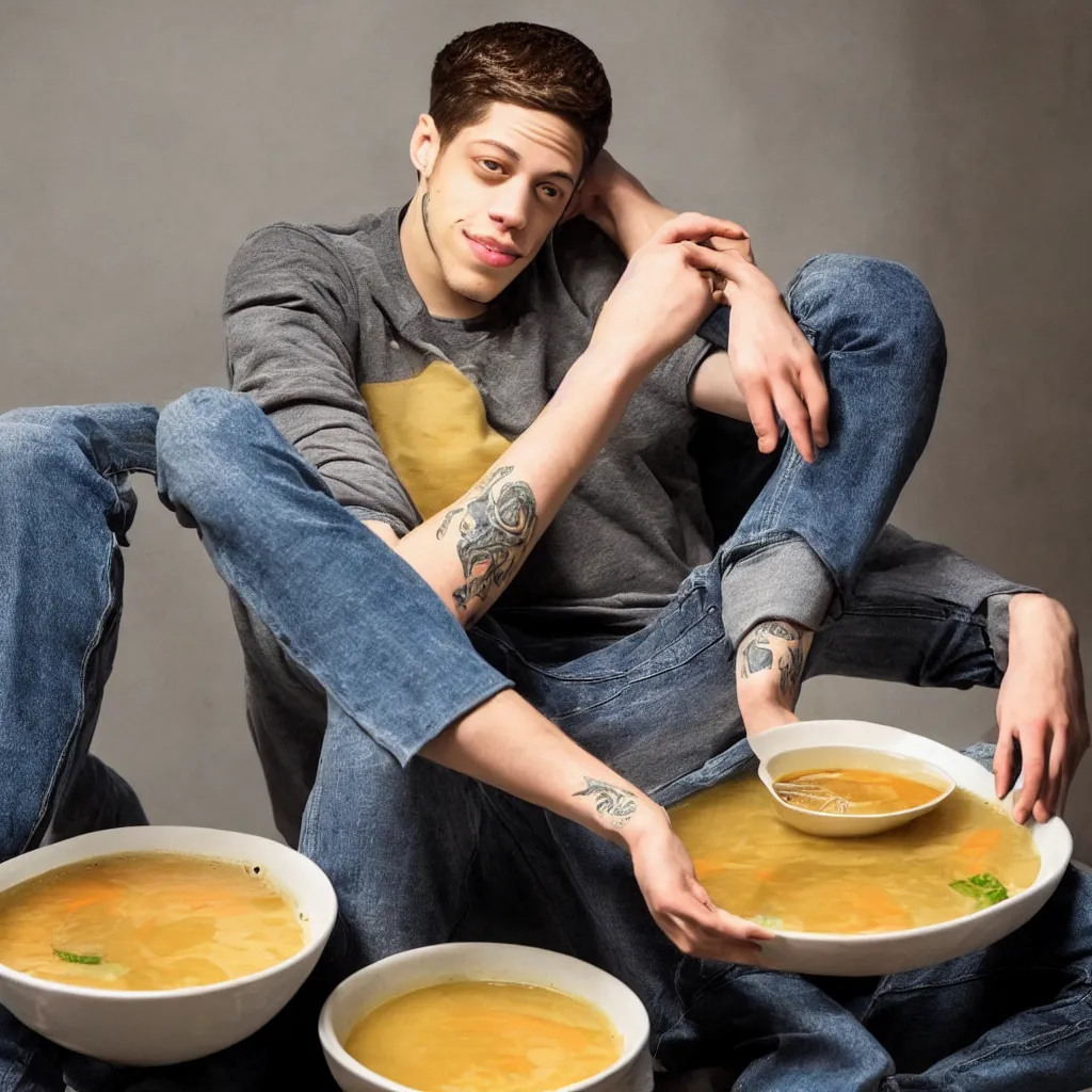 Image similar to pete davidson sitting in a bowl of nice broth soup