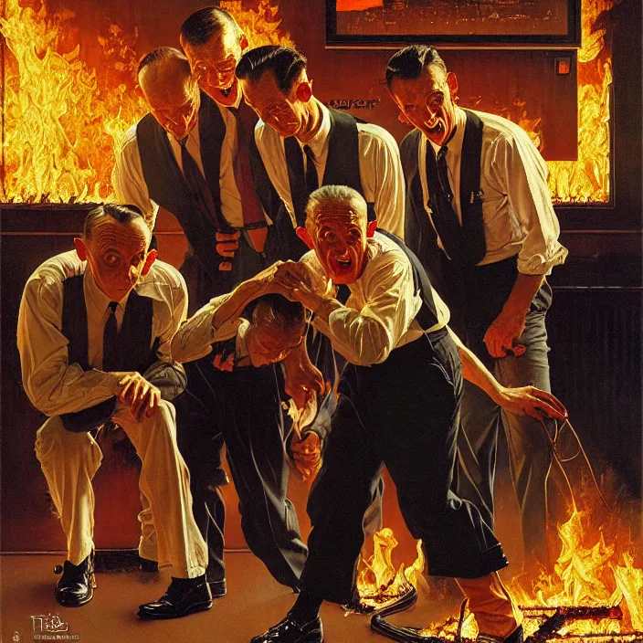 Prompt: men in suite burning on fire, norman rockwell, tim hildebrandt, mark maggiori, jeff dekal, long shot, hyperrealistic oil painting on canvas, deep depth field, cinematic composition, hyper - detailed, hdr, 8 k, 4 k