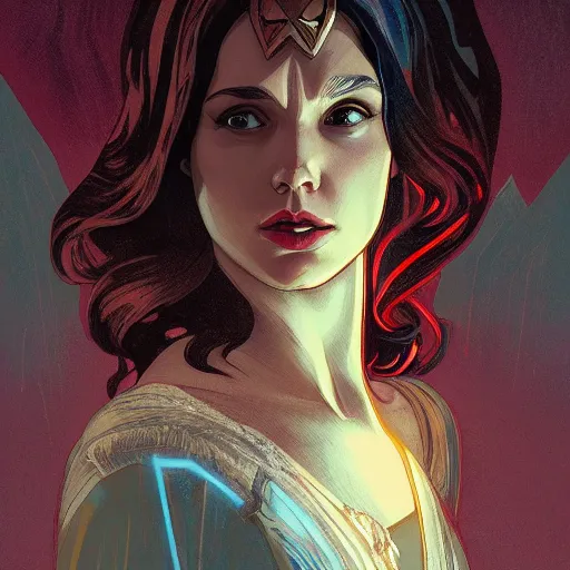 Prompt: Gal Gadot as Lady Macbeth, ambient lighting, 4k, alphonse mucha, lois van baarle, ilya kuvshinov, rossdraws, artstation