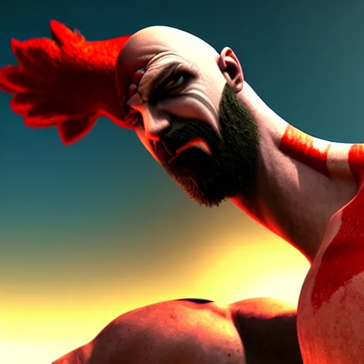 Image similar to Kratos has a chicken head, screenshot, volumetric lighting, high detail, 4k, warm toned gradient background