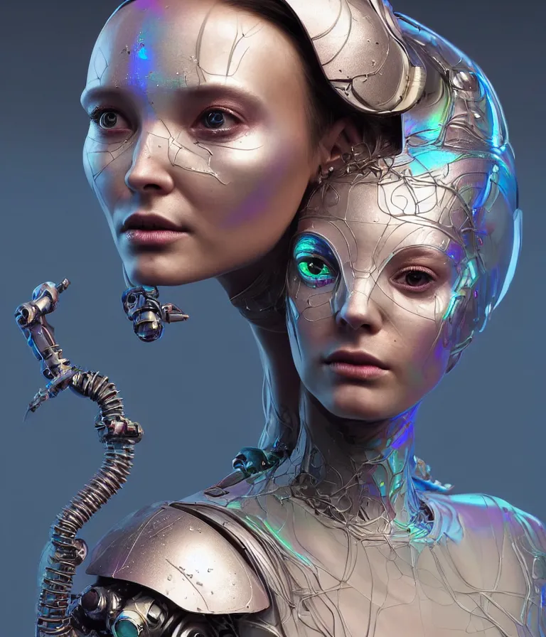 Prompt: iridescent portrait of a beautiful princess in robe. hard surface modelling. cyberpunk look. biomechanical mask. bio luminescent biomechanical halo around head. artwork by jarold Sng by artgerm, by Eddie Mendoza, by Peter mohrbacher by tooth wu, unreal engine, octane render, cinematic light, high details, iridescent colors, dichroic, macro, 4l