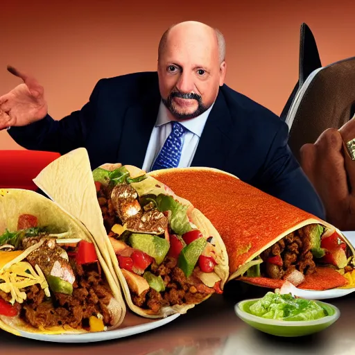 Image similar to Jim Cramer freaking out over Taco Bell's new menu item