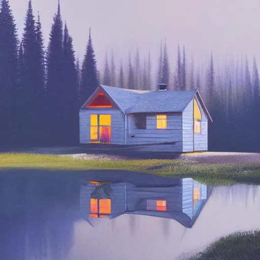 Prompt: small robot cottage at the edge of a lake in the mountains, painterly painting by james gueney and beeple, soft glowing windows, early evening, reflections, pine trees, detailed, outlined