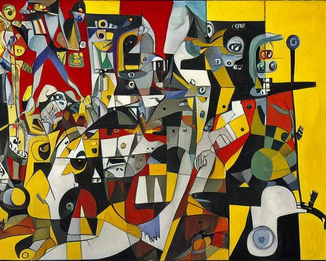 Image similar to a painting of guernica with robots from futurama by graham sutherland, egon schiele, gustav klimt, joan miro, basquiat, expressionism