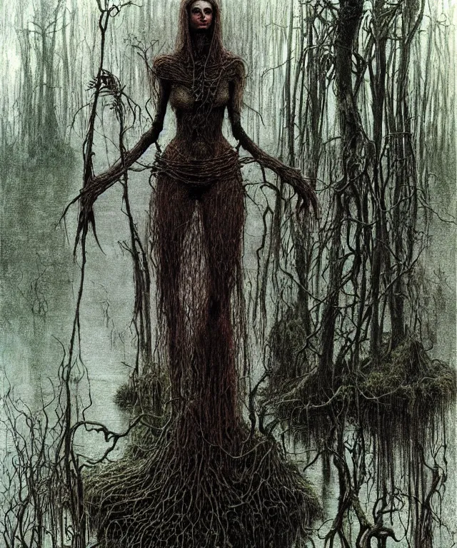 Prompt: a detailed mantiswoman stands among the swamps. wearing a ripped mantle, robe. perfect faces, extremely high details, realistic, fantasy art, solo, masterpiece, art by zdzislaw beksinski, arthur rackham, dariusz zawadzki