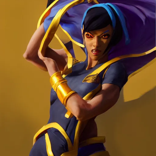 Image similar to greg manchess portrait painting of menat from street fighter as overwatch character, medium shot, asymmetrical, profile picture, organic painting, sunny day, matte painting, bold shapes, hard edges, street art, trending on artstation, by huang guangjian and gil elvgren and greg rutkowski