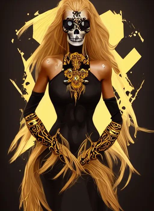 Image similar to a highly detailed illustration of fierce blonde tanned skin goddess wearing black and gold skull dress, dramatic powerful pose, perfect face, perfect body, intricate, elegant, highly detailed, centered, digital painting, artstation, concept art, smooth, sharp focus, league of legends concept art, wlop