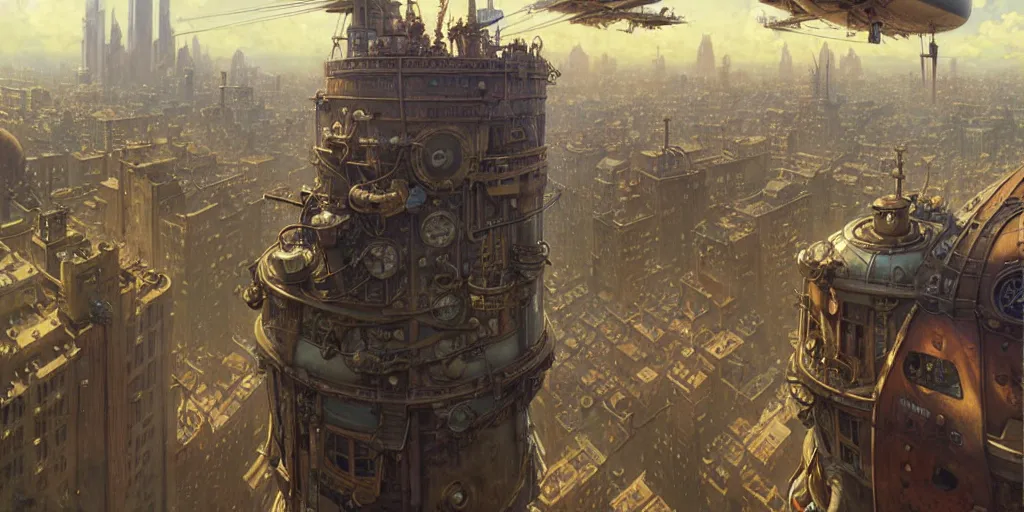 Image similar to steampunk airship above a busy city, exquisite details, denoised, mid view, by norman rockwell, karl kopinski, artsation, greg rutkowski, makoto shinkai, takashi takeuchi, studio ghibli