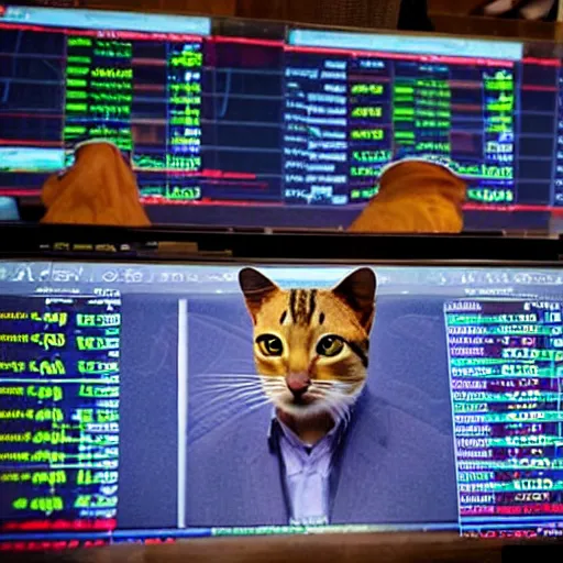 Image similar to photo of anthropomorphic cat trading stocks